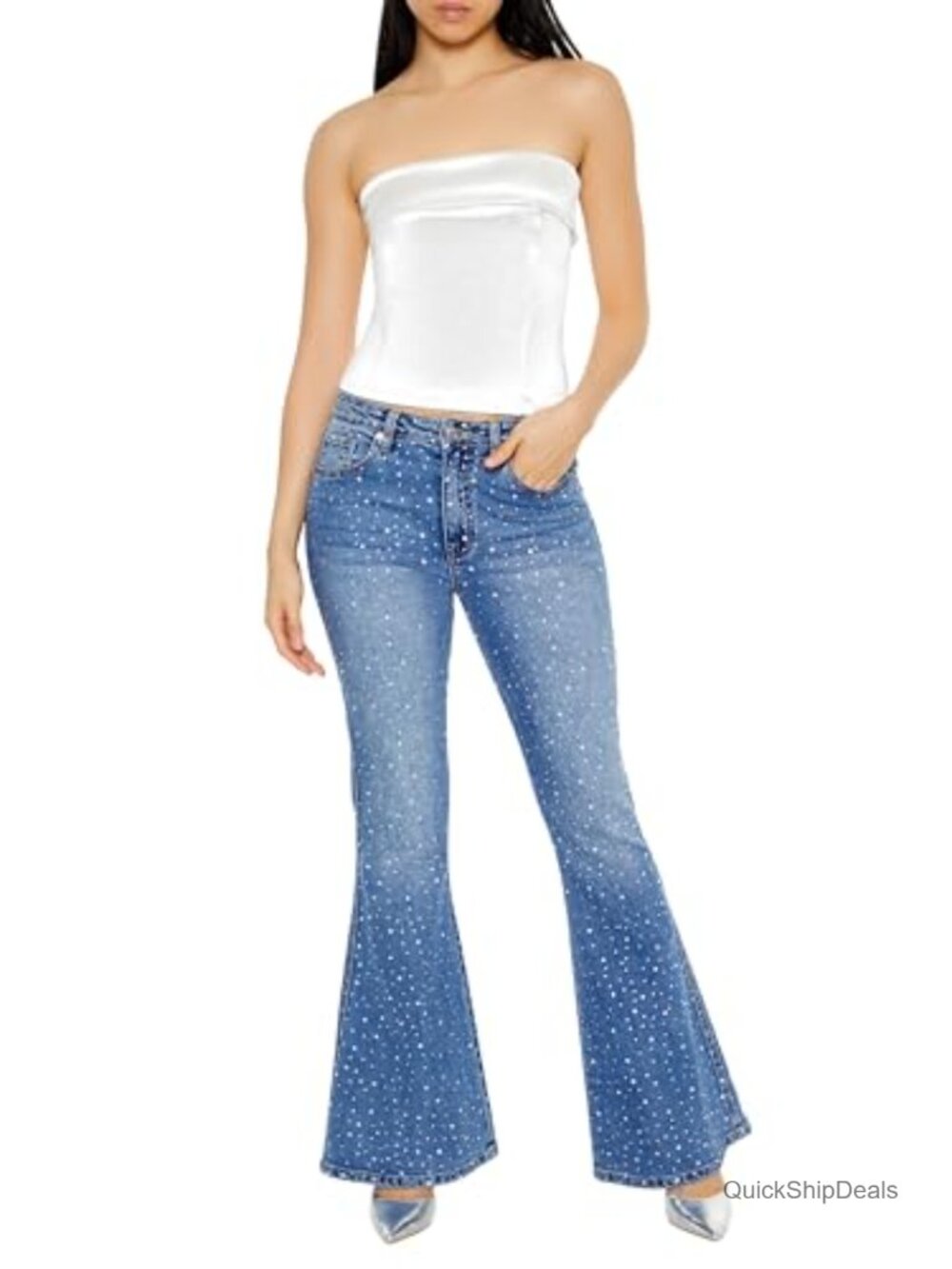 High-Rise Flare Jeans Rhinestone Embellished Zip Fly Button Front